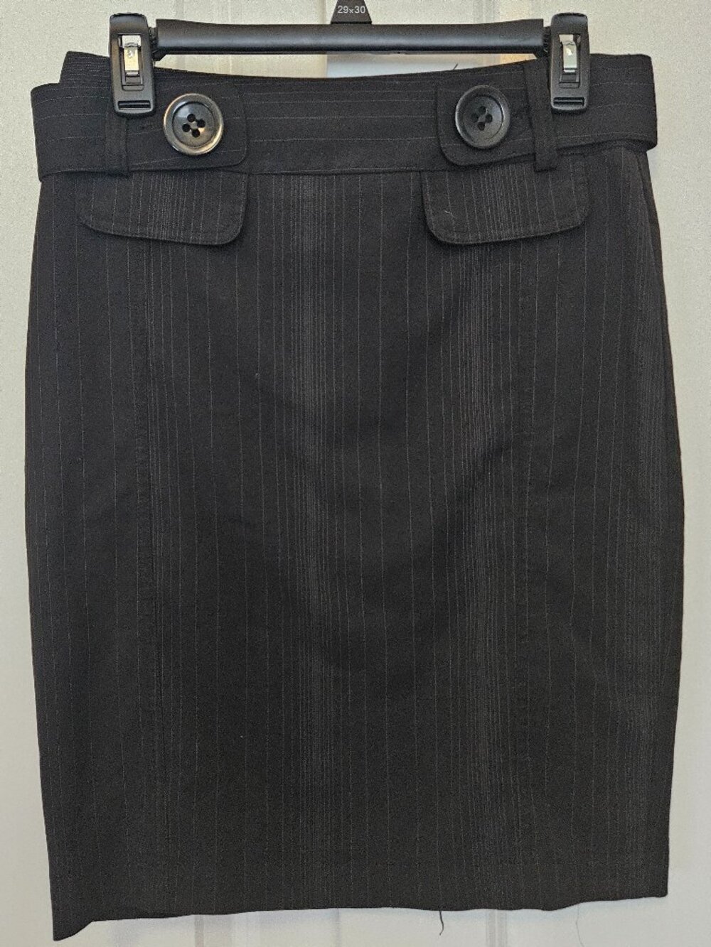 Women's Black Pinstripe Pencil Skirt Button Tab Size 3